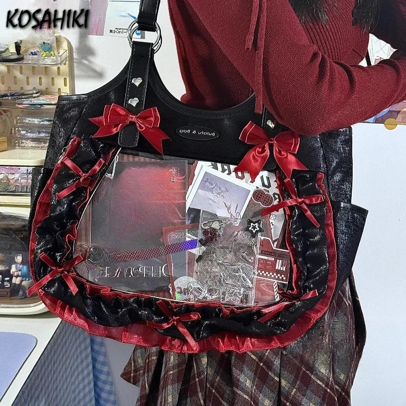 KUROYABU Luxury Lace Gothic Y2K Underarm Bag With Bow