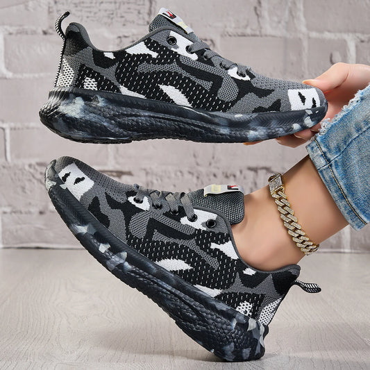 Women Camo Flyknit Sneakers Breathable Mesh Lace-Up Shoes