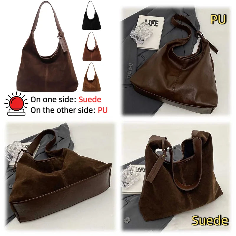 Women Suede Tote Bag Magnetic Closure Shoulder Handbag PU