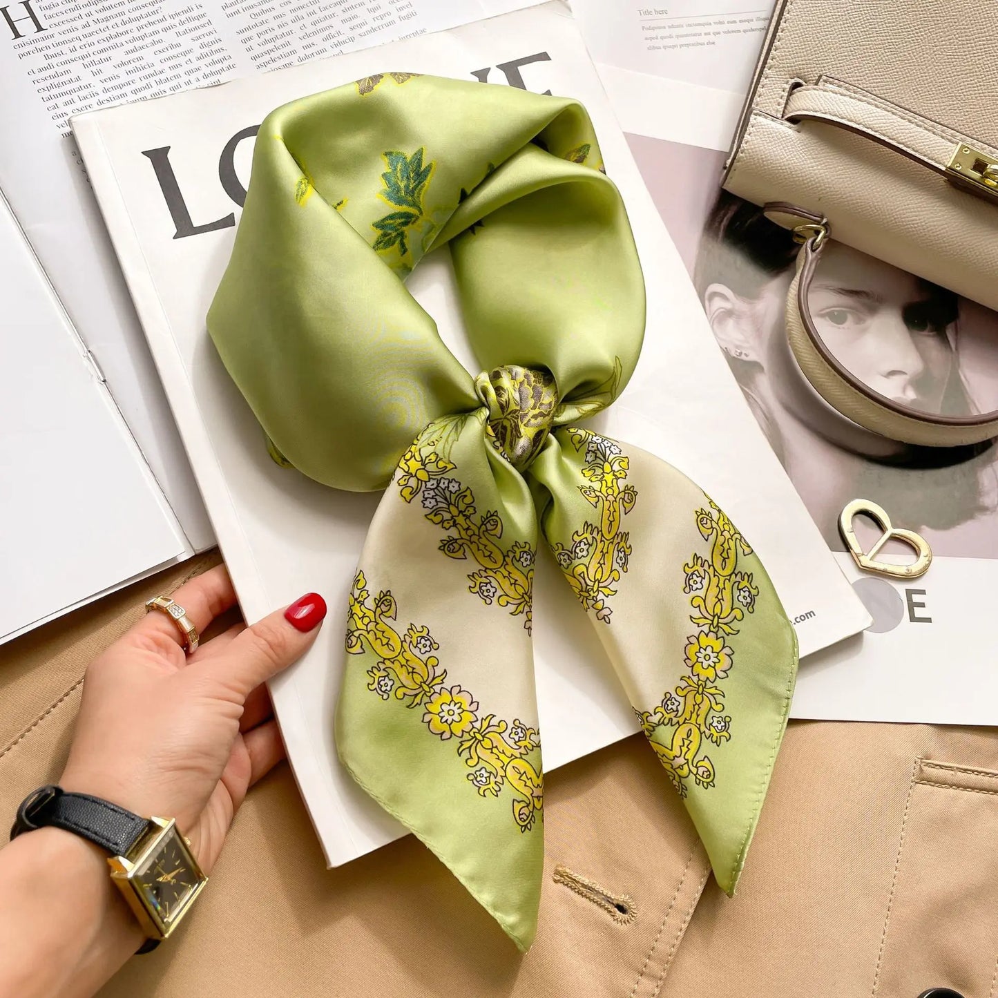 Floral Print Square Scarf For Women Satin Look Polyester