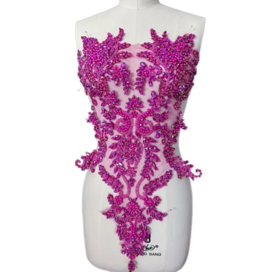 Handmade Bodice Rhinestones Applique Crystal Trim Glass Beads Lace Patches