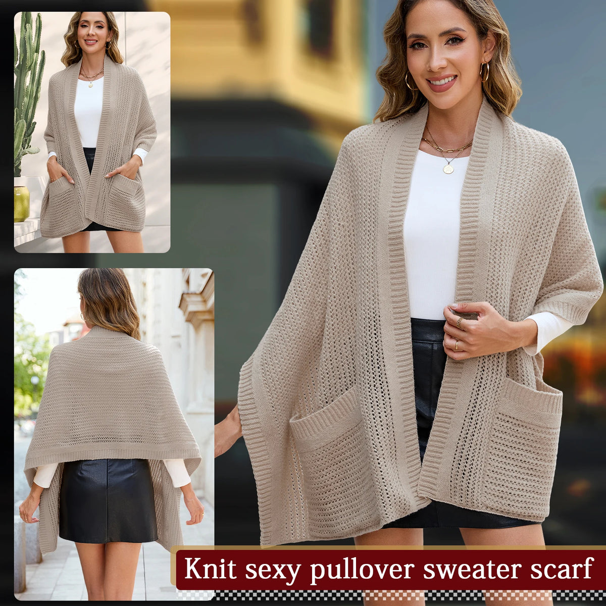 Multifunction Knitted Scarf Shawl With Pocket Neck Warmer Wrap