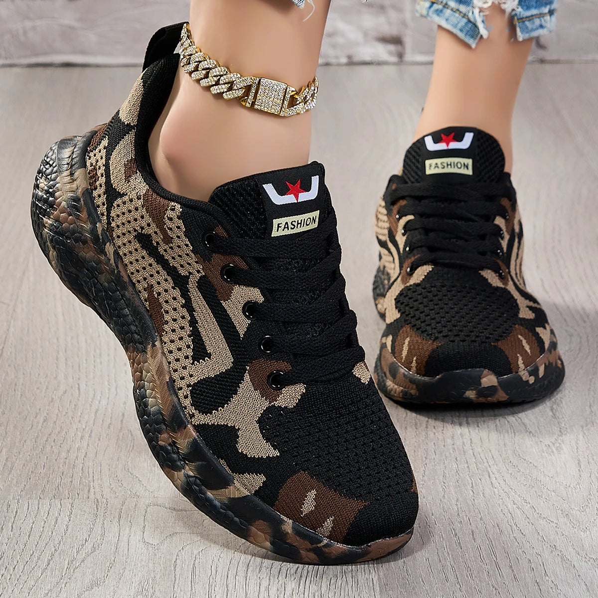 Women Camo Flyknit Sneakers Breathable Mesh Lace-Up Shoes