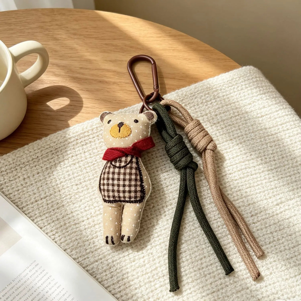 Adorable Teddy Bear Fabric Bag Charm With Scarf Braided Clip