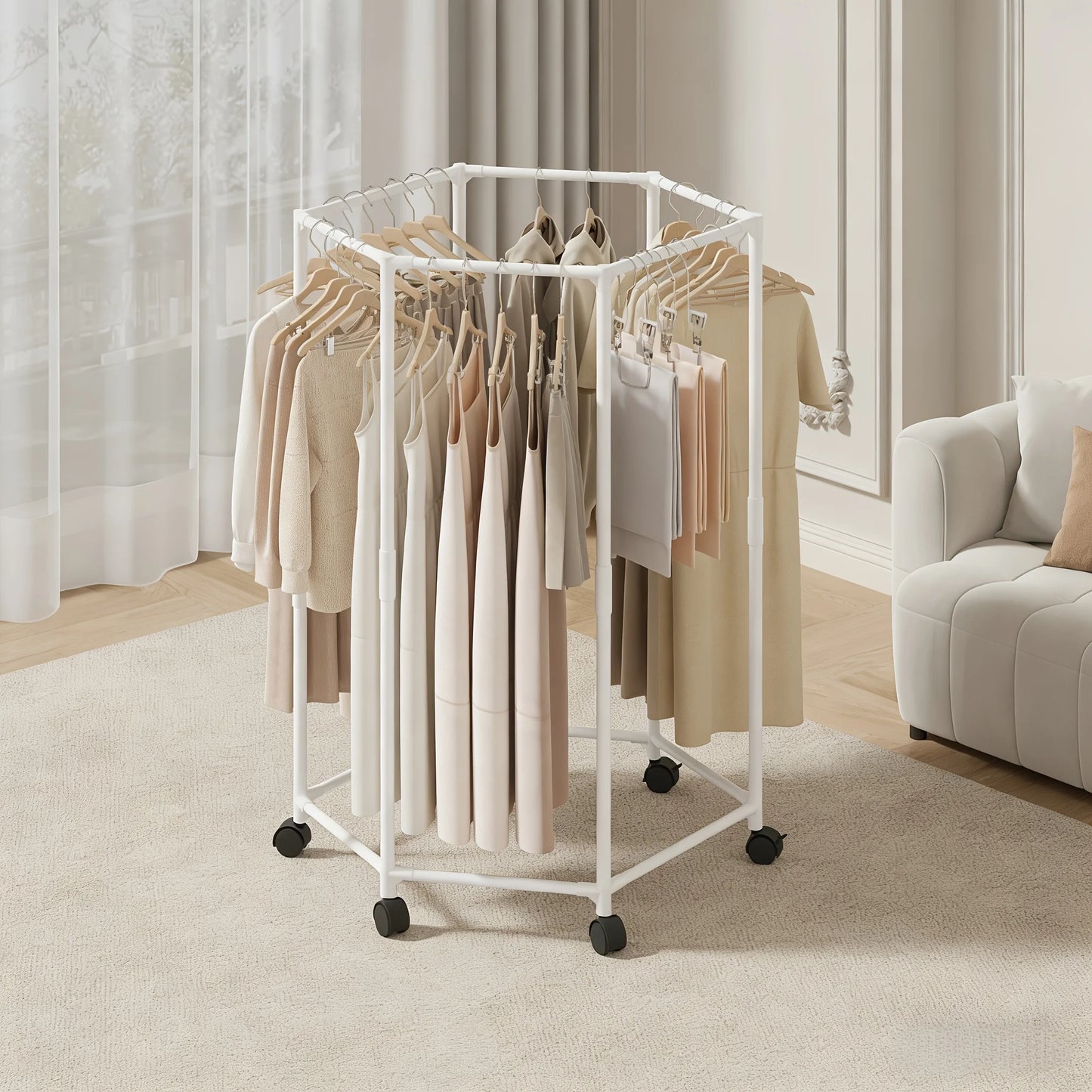 Hexagon Rotating Floor Clothes Rack Movable Indoor Garment Organizer