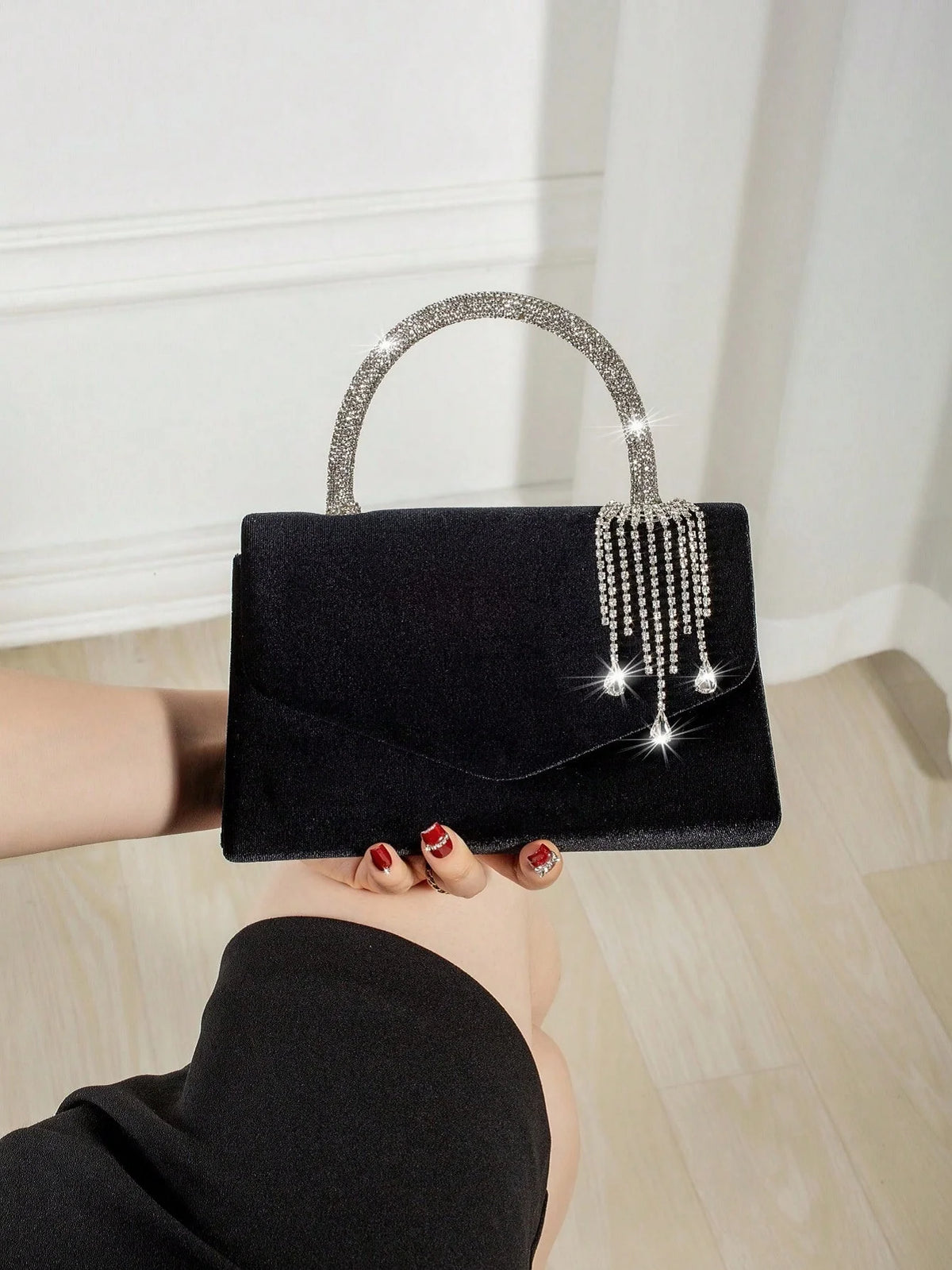 Women Velvet Envelope Clutch Featuring Rhinestone Chain Accent