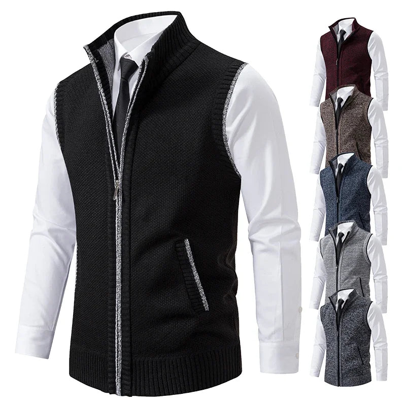 Men's Knit Zipper Vest Mandarin Collar Sleeveless Casual
