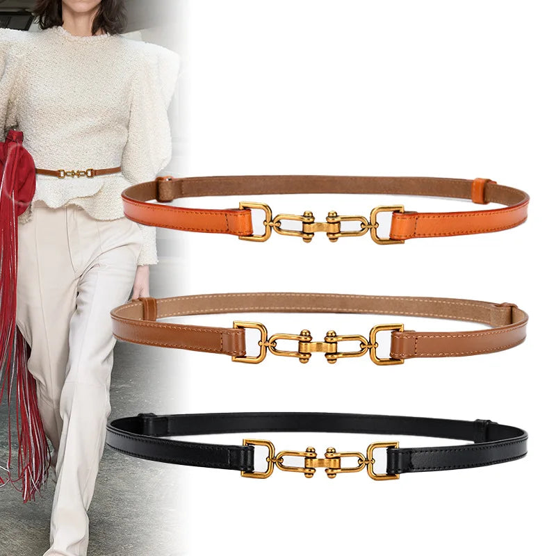 Womens Adjustable Thin Leather Belt With Decorative Buckle