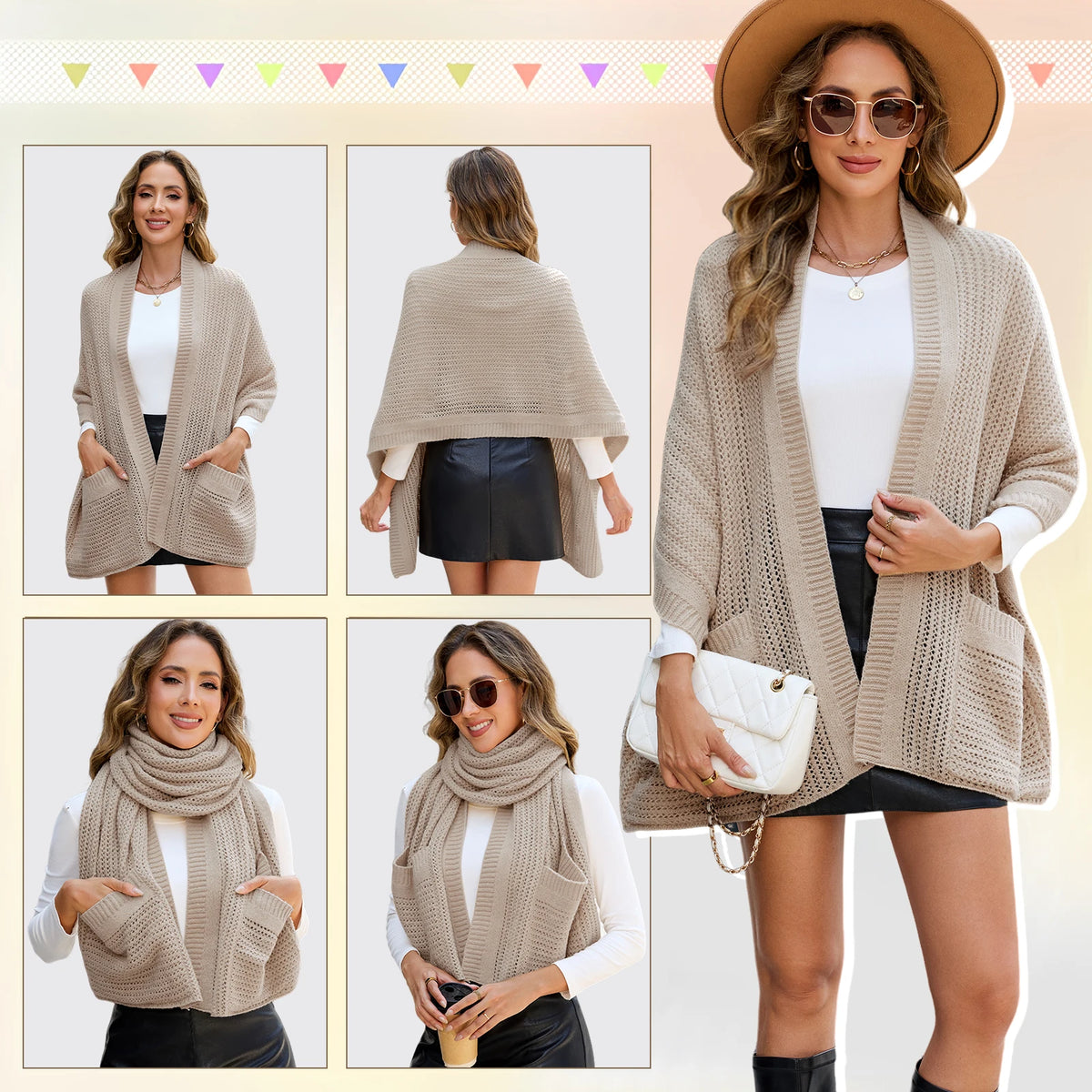 Multifunction Knitted Scarf Shawl With Pocket Neck Warmer Wrap