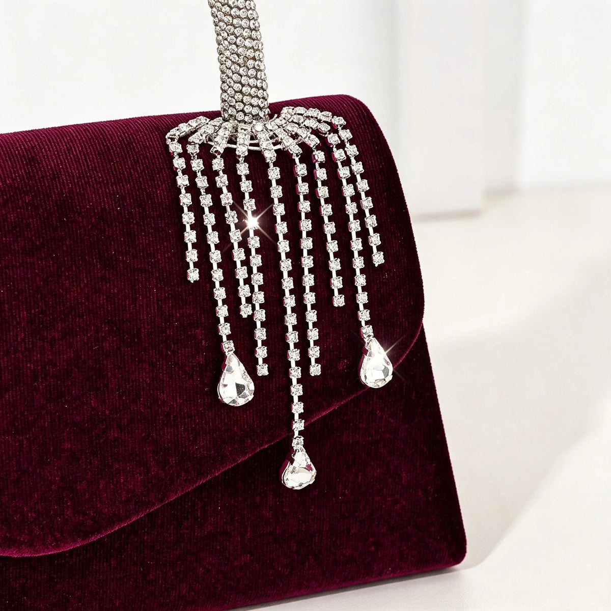 Women Velvet Envelope Clutch Featuring Rhinestone Chain Accent