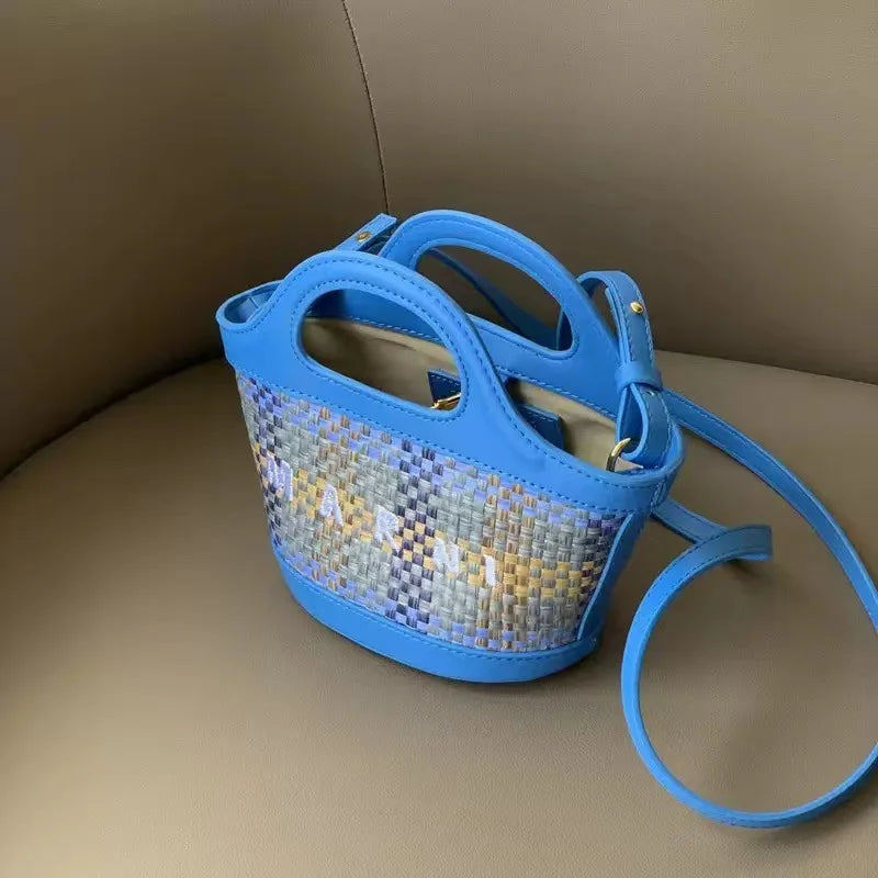 Denim Leather Tote Bag with Embroidery and Detachable Strap
