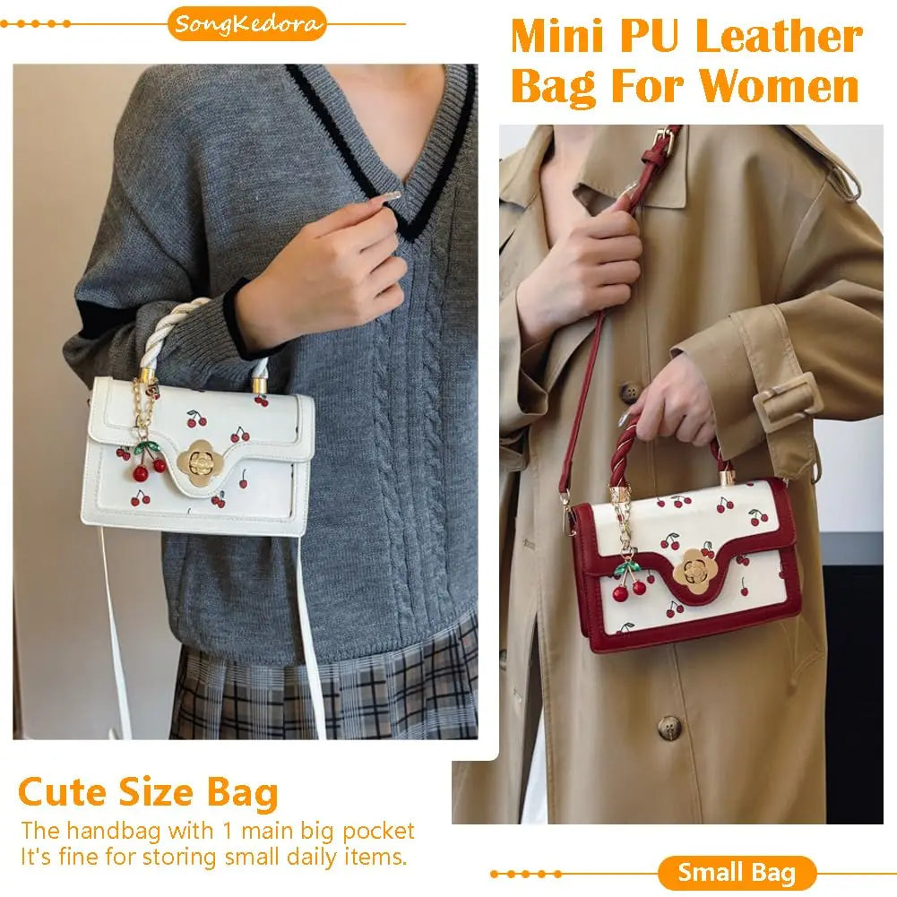 Cherry Print Crossbody Bag PU Leather Satchel With Removable Strap