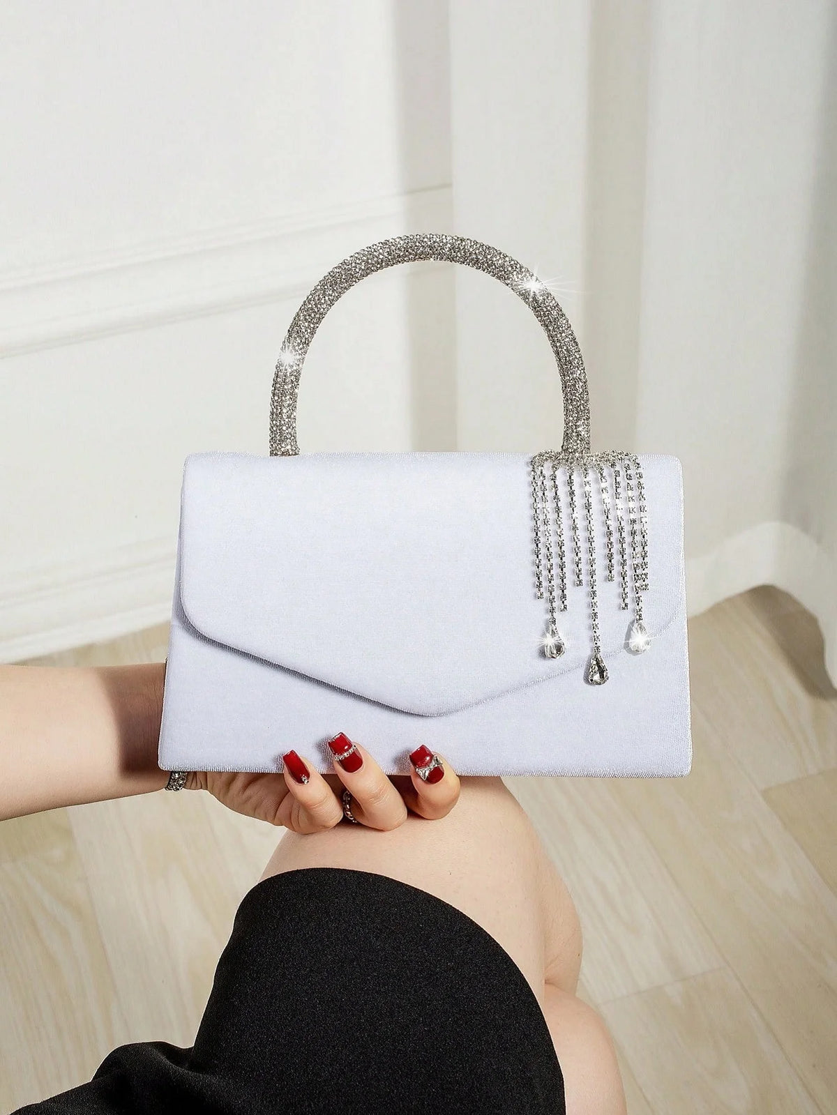 Women Velvet Envelope Clutch Featuring Rhinestone Chain Accent