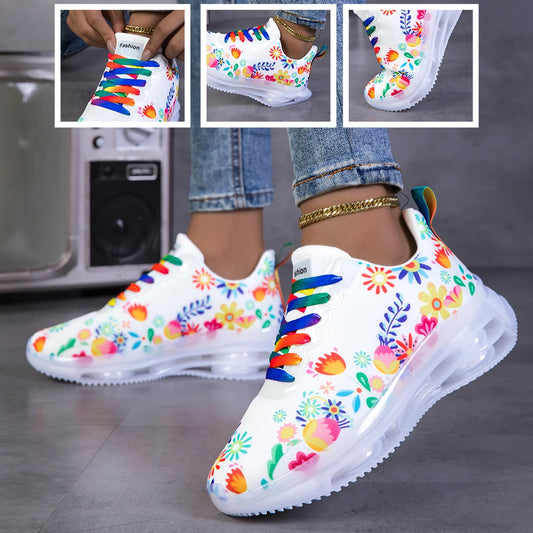 Women Floral Print Air Cushion Sneakers Laces Breathable Non Slip