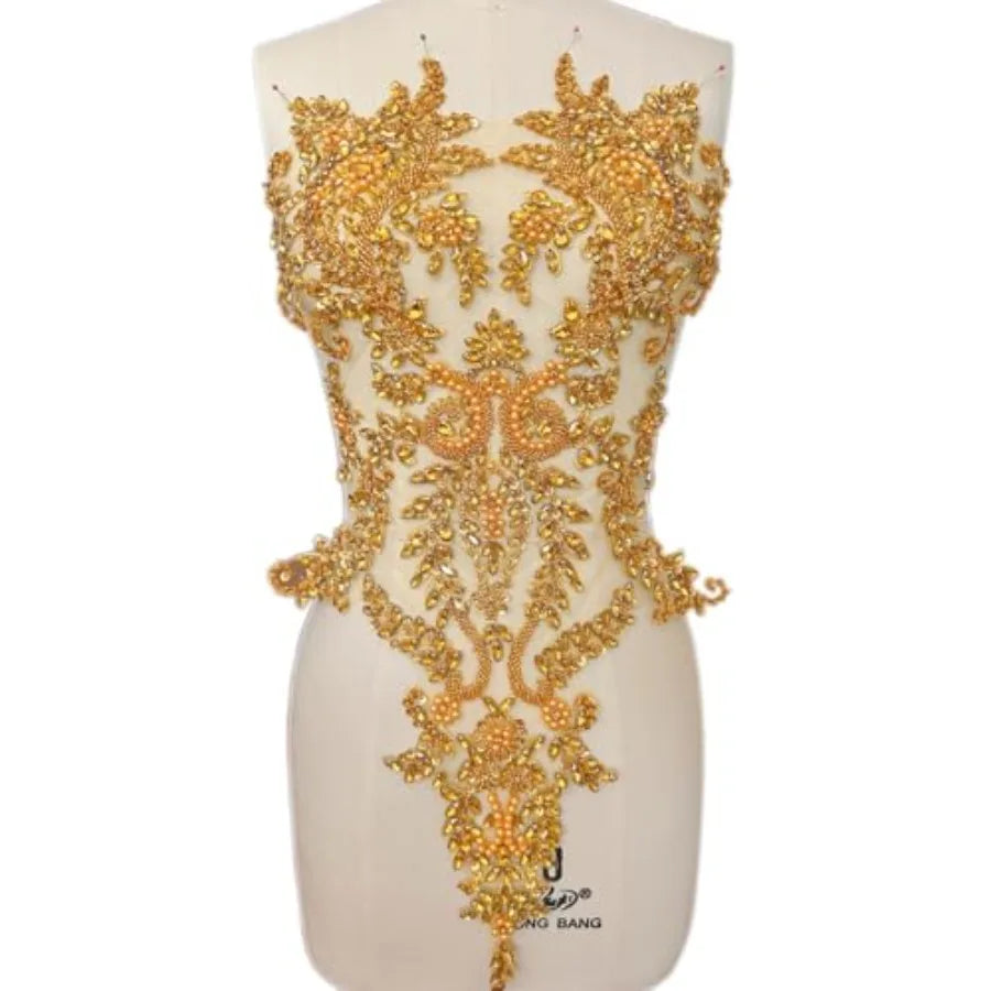 Handmade Bodice Rhinestones Applique Crystal Trim Glass Beads Lace Patches