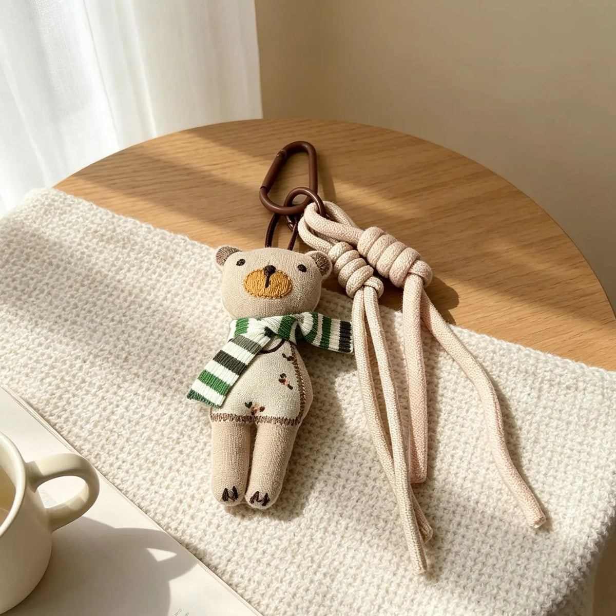 Adorable Teddy Bear Fabric Bag Charm With Scarf Braided Clip