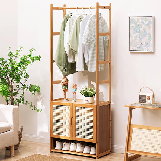 Bamboo Garment Rack With Hanging Rod And Shoe Shelves