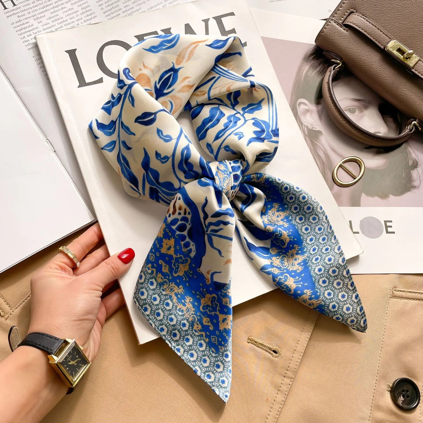 Floral Print Square Scarf For Women Satin Look Polyester