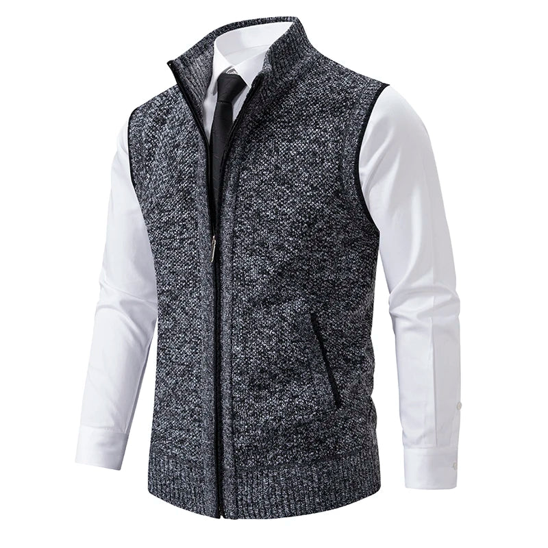 Men's Knit Zipper Vest Mandarin Collar Sleeveless Casual