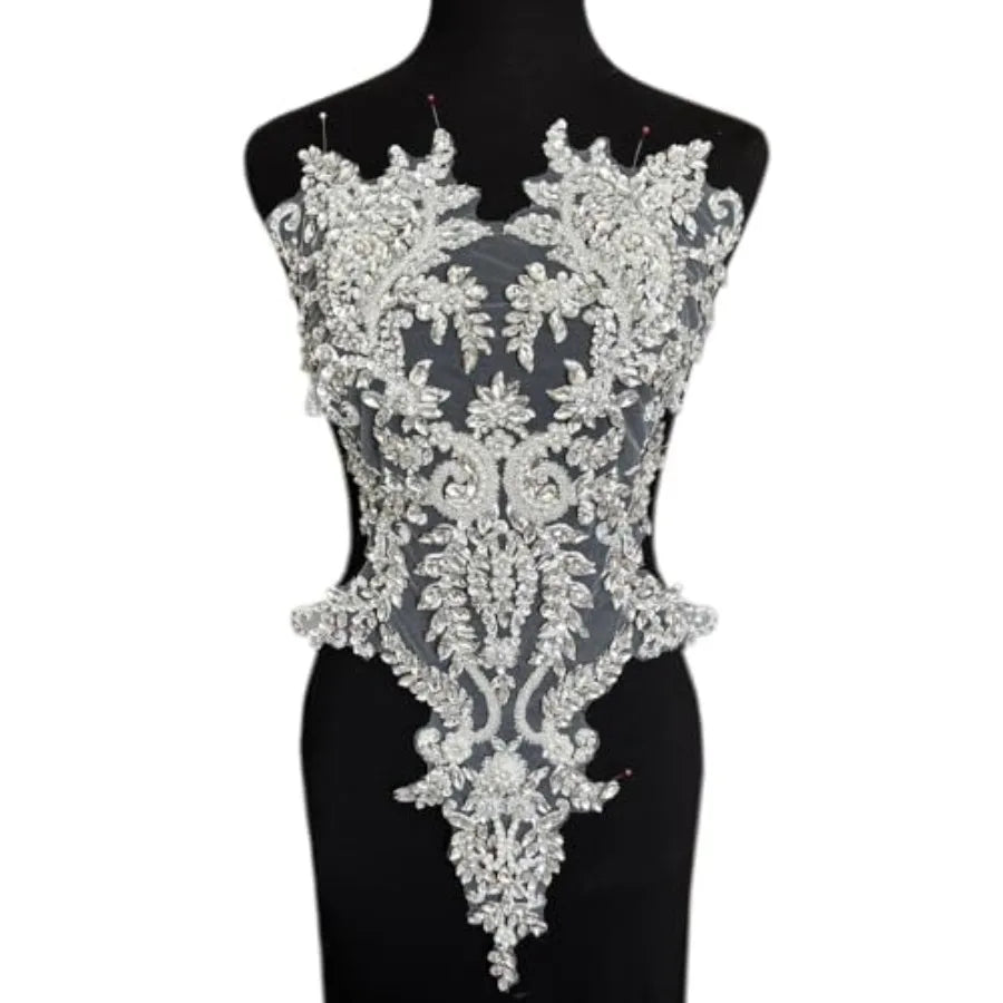 Handmade Bodice Rhinestones Applique Crystal Trim Glass Beads Lace Patches
