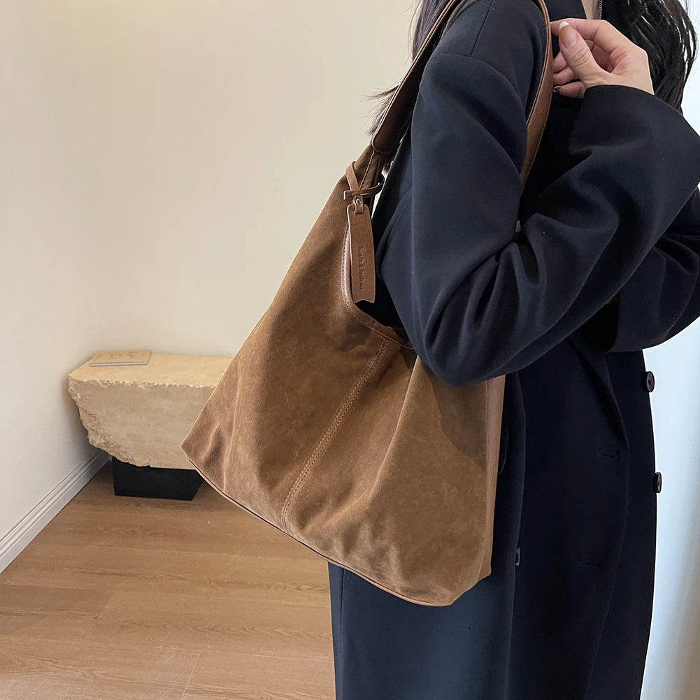 Women Suede Tote Bag Magnetic Closure Shoulder Handbag PU