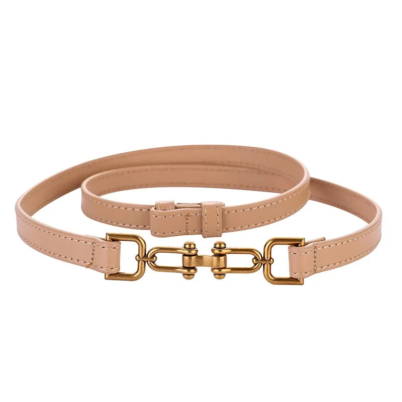 Womens Adjustable Thin Leather Belt With Decorative Buckle
