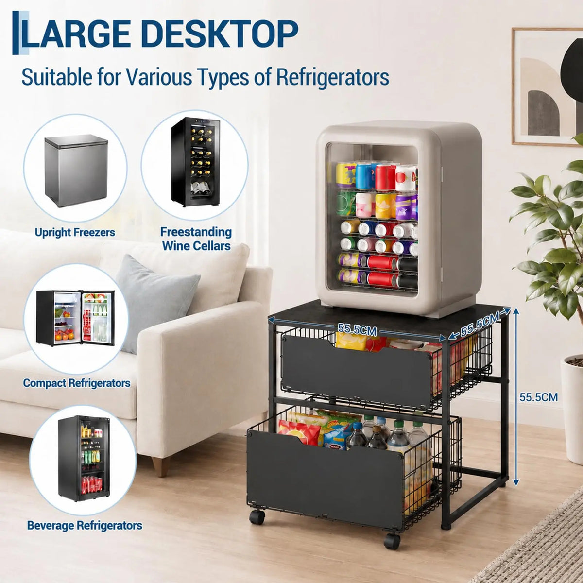 HiMISS Rolling Mini Fridge Stand With Pull Out Storage Baskets