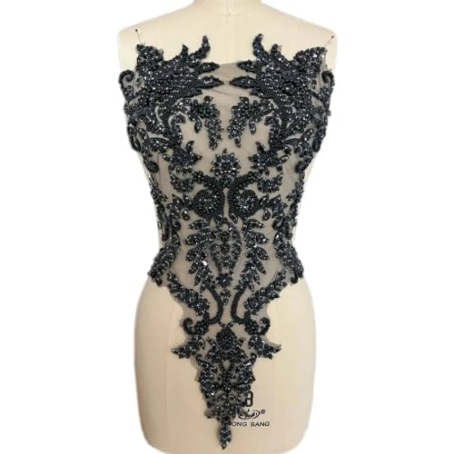 Handmade Bodice Rhinestones Applique Crystal Trim Glass Beads Lace Patches