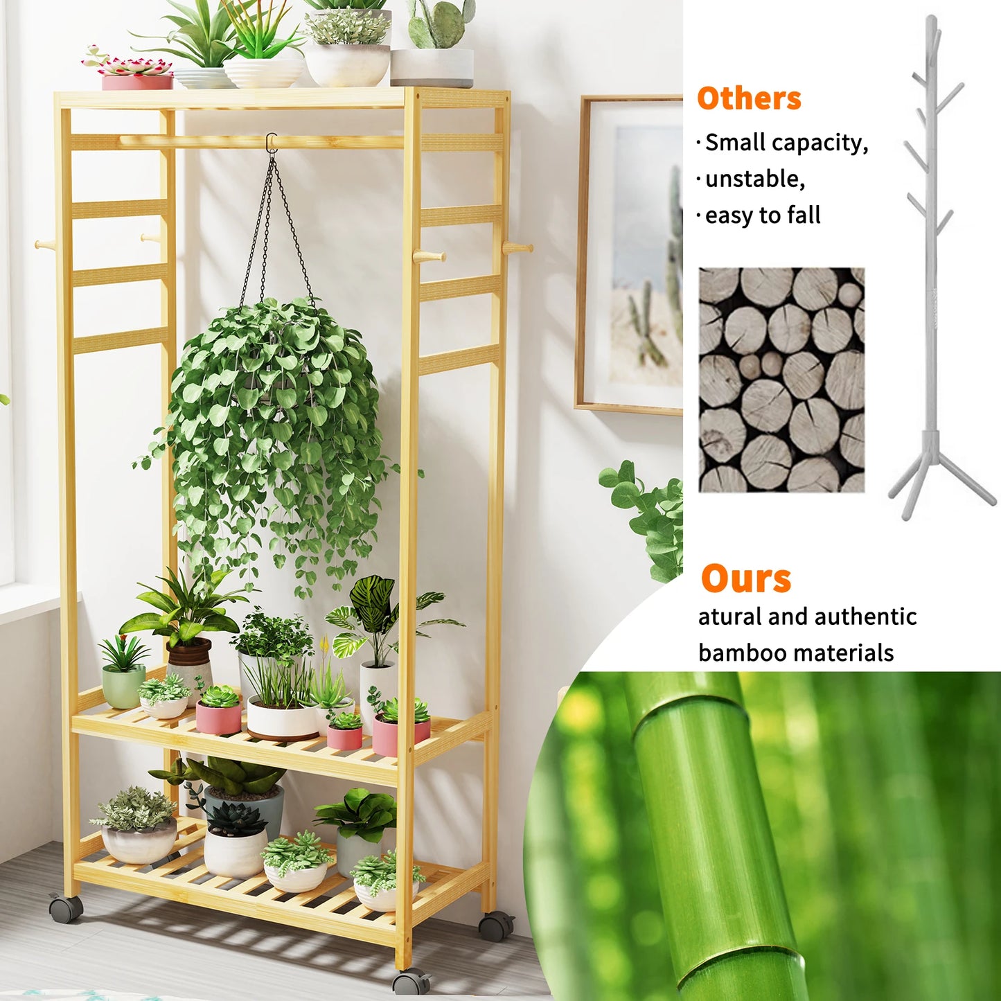 Heavy Duty Wooden Clothes Rack With Side Hooks Wardrobe
