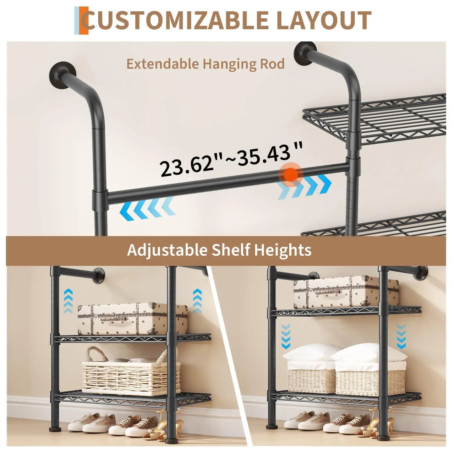 Studyset Carbon Steel Wall Mounted Clothes Rack With Expandable Rods