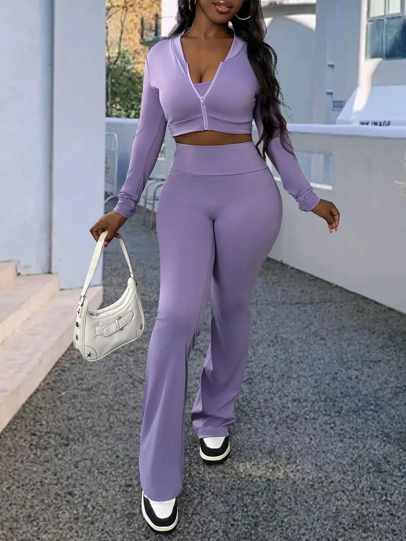 Sporty Women Three Piece Summer Set Top And Flared Pants