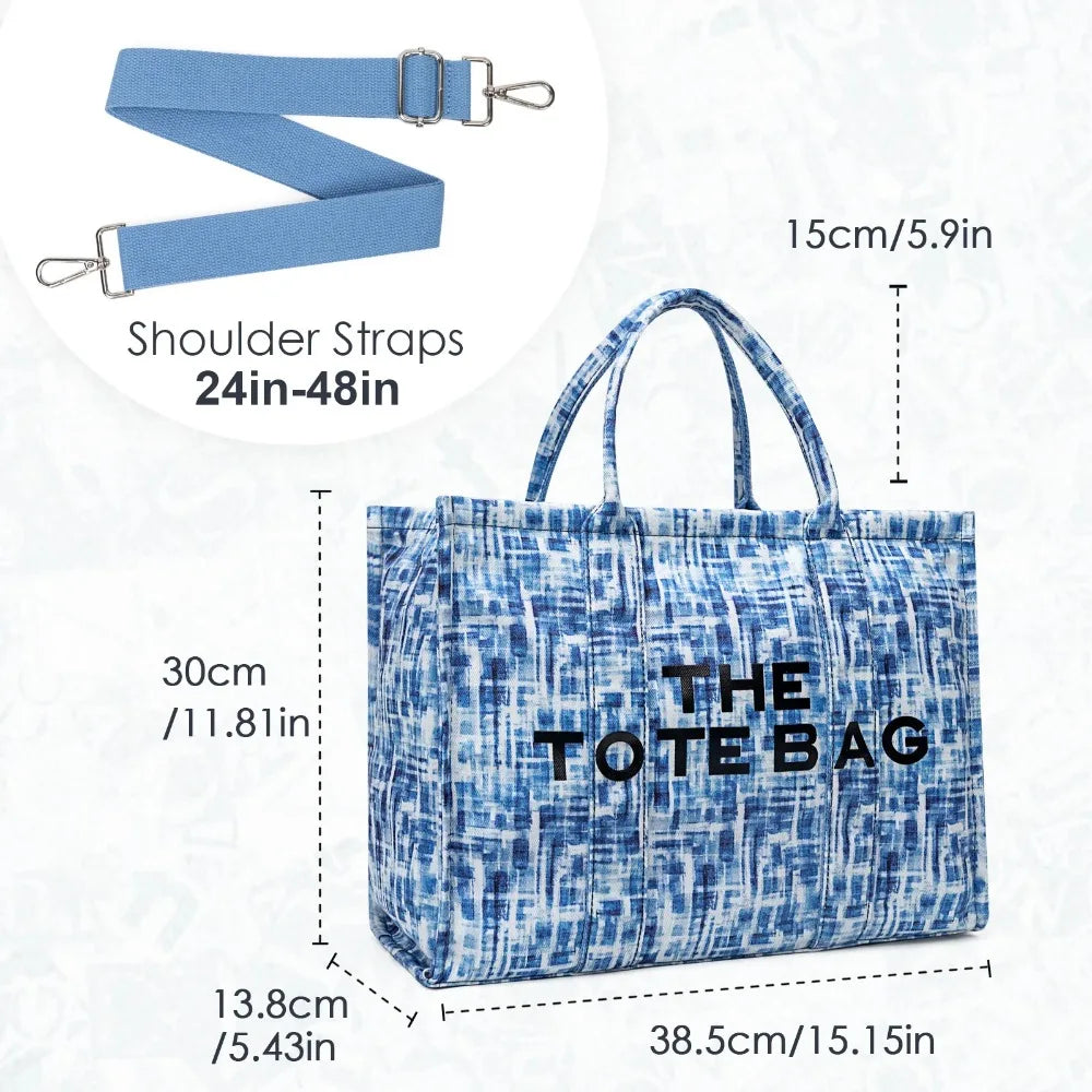 Denim Canvas Tote Bag For Women With Inner Pockets And Zipper