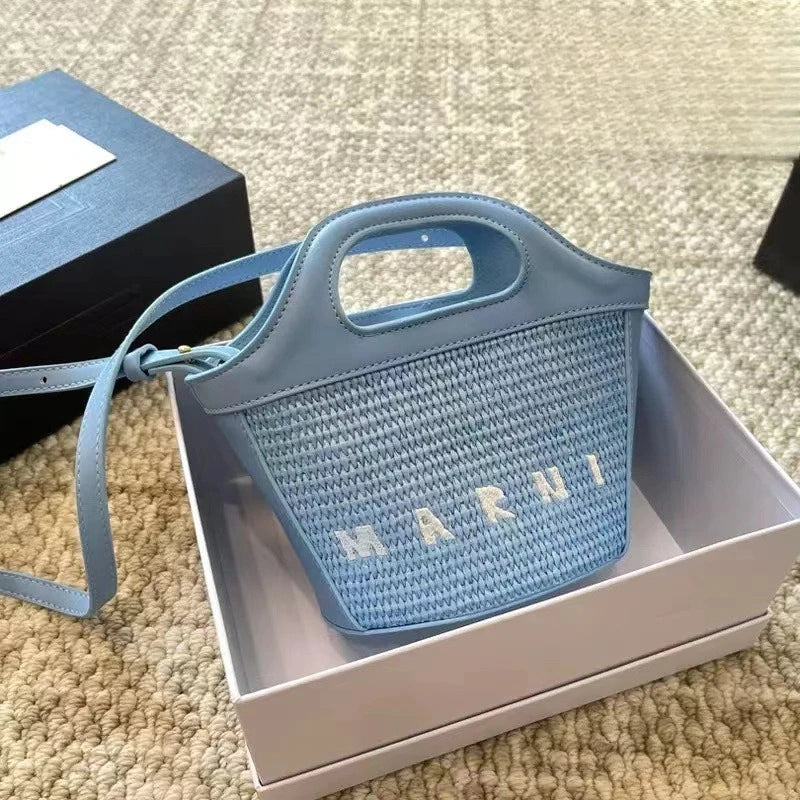 Denim Leather Tote Bag with Embroidery and Detachable Strap