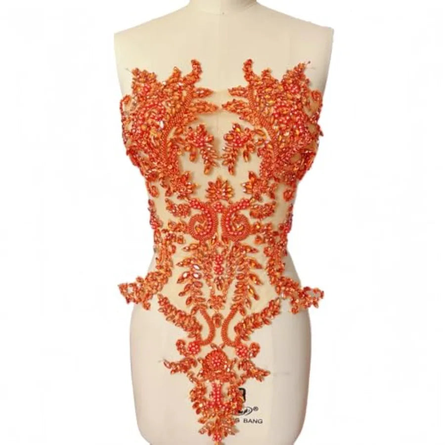 Handmade Bodice Rhinestones Applique Crystal Trim Glass Beads Lace Patches