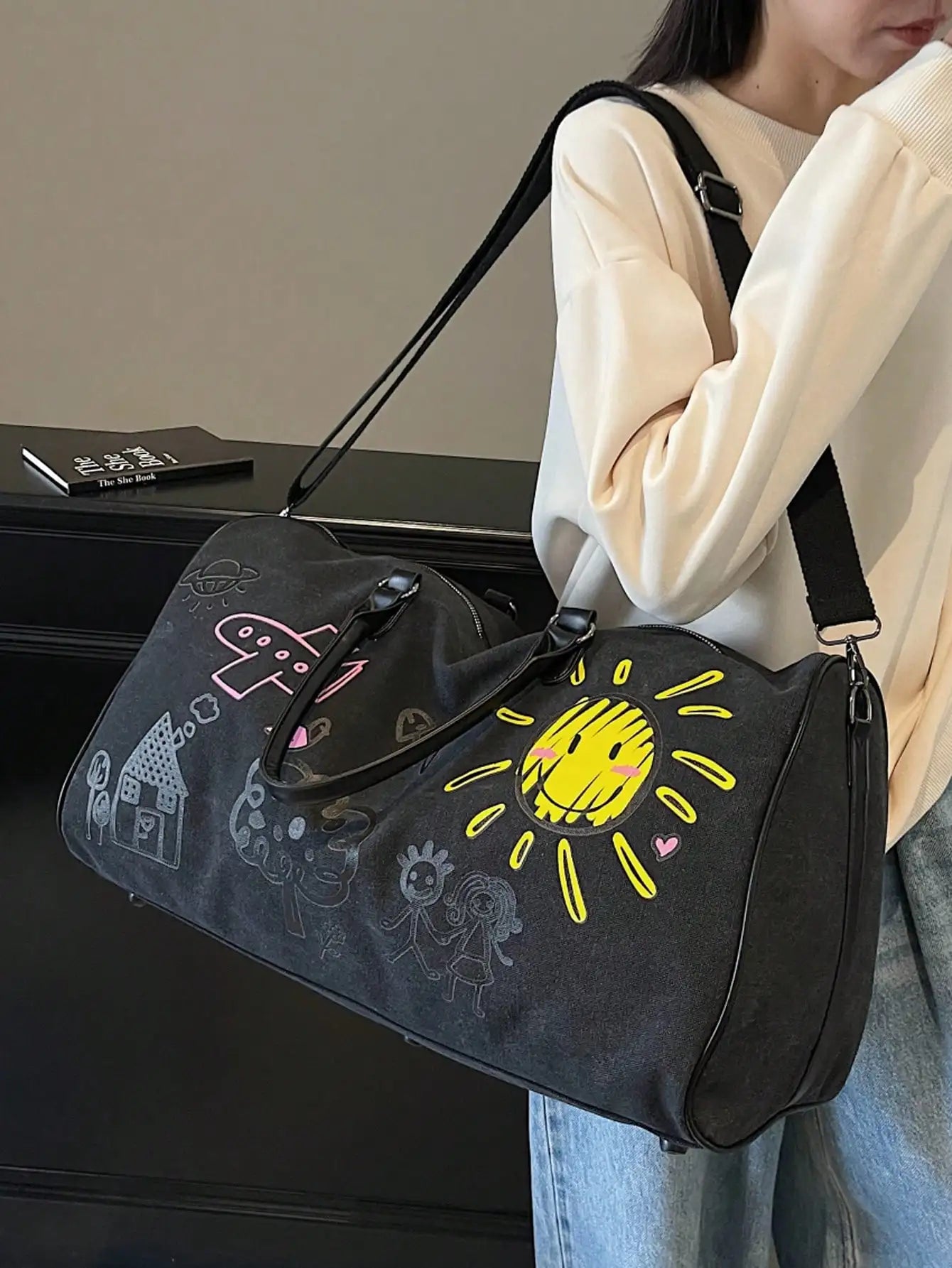Cartoon Graffiti Travel Backpack With Zipper Shoulder Crossbody