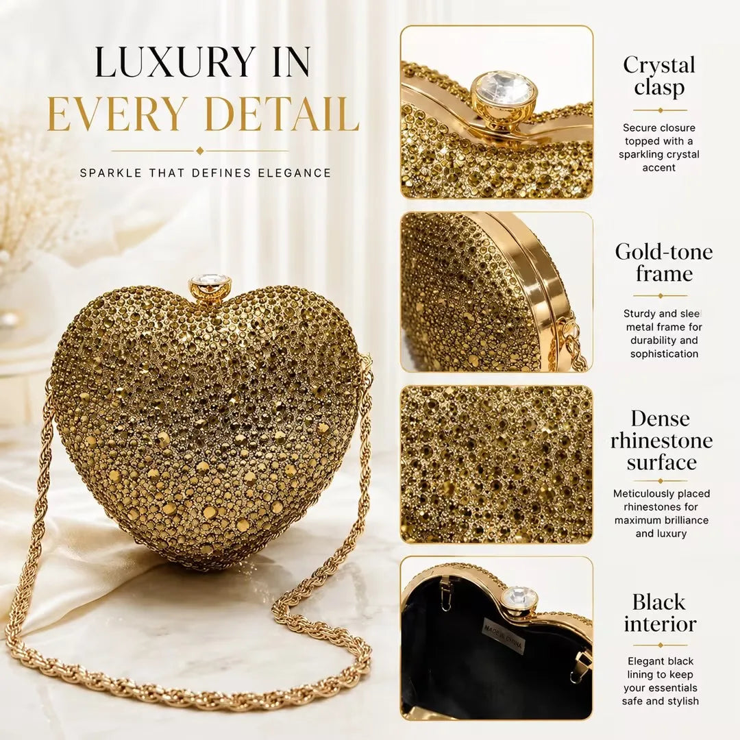 Elegant Rhinestone Heart Crossbody Clutch Bag For Women