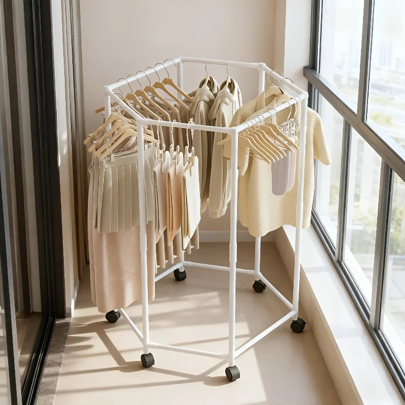 Hexagon Rotating Floor Clothes Rack Movable Indoor Garment Organizer