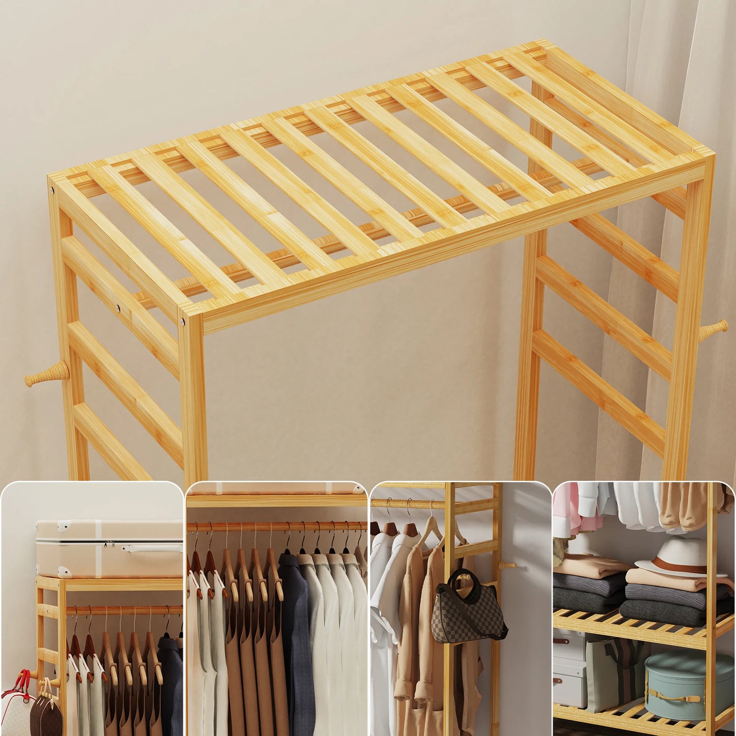 Heavy Duty Wooden Clothes Rack With Side Hooks Wardrobe