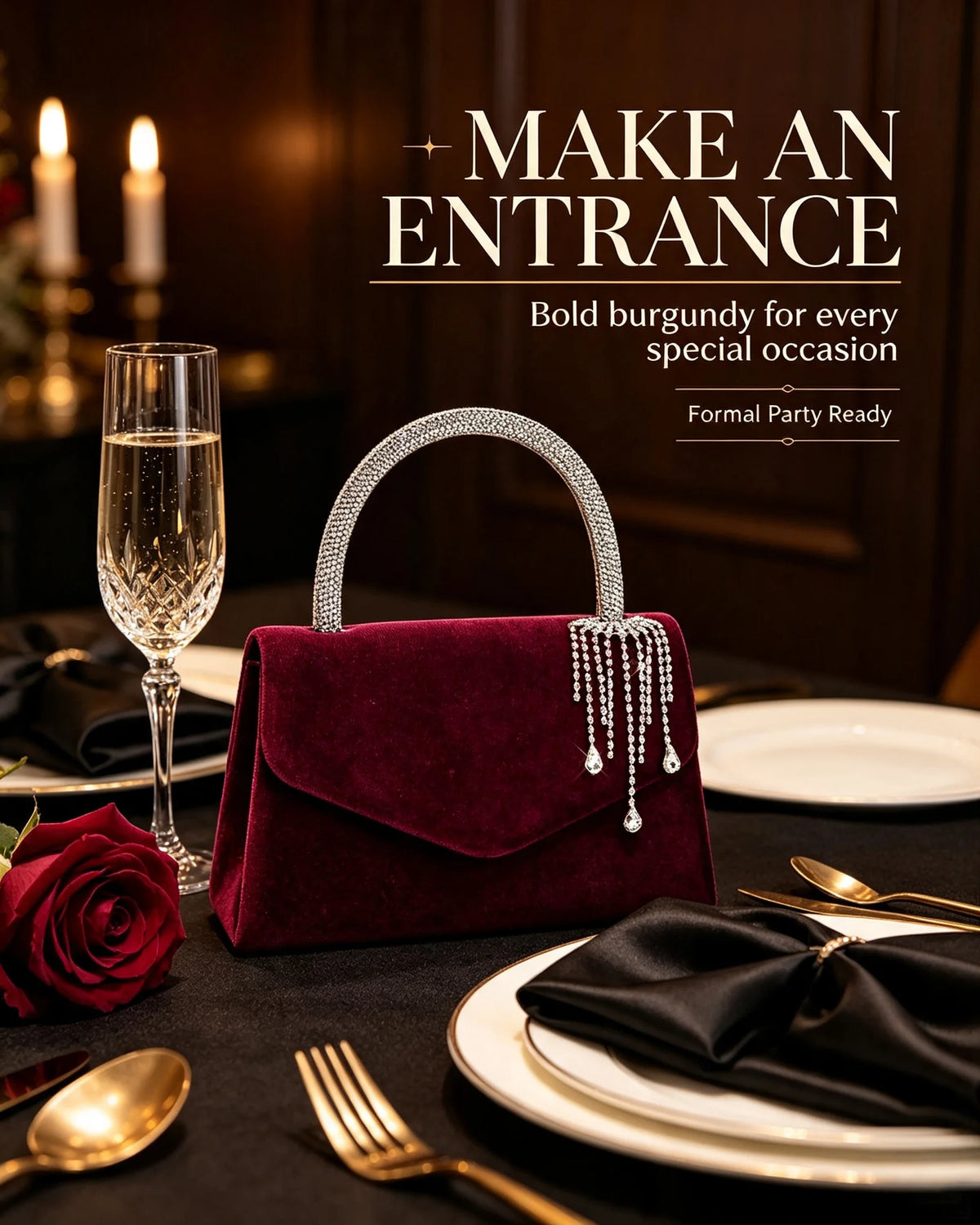Women Velvet Envelope Clutch Featuring Rhinestone Chain Accent