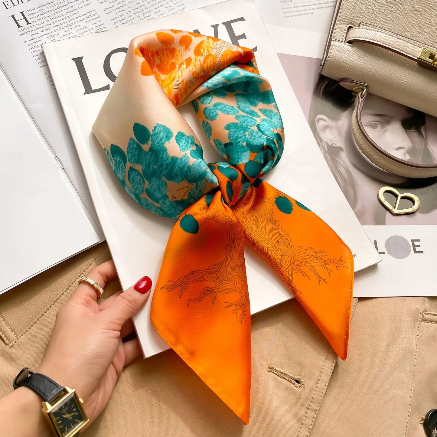 Floral Print Square Scarf For Women Satin Look Polyester