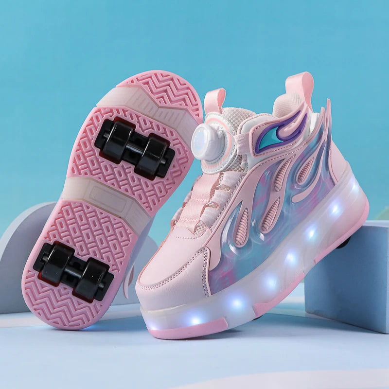 XIAOXIANGYING Light Up Kids Roller Walking Sneakers
