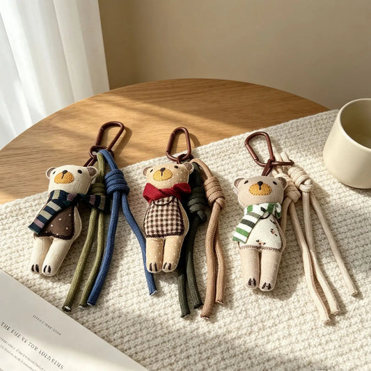 Adorable Teddy Bear Fabric Bag Charm With Scarf Braided Clip