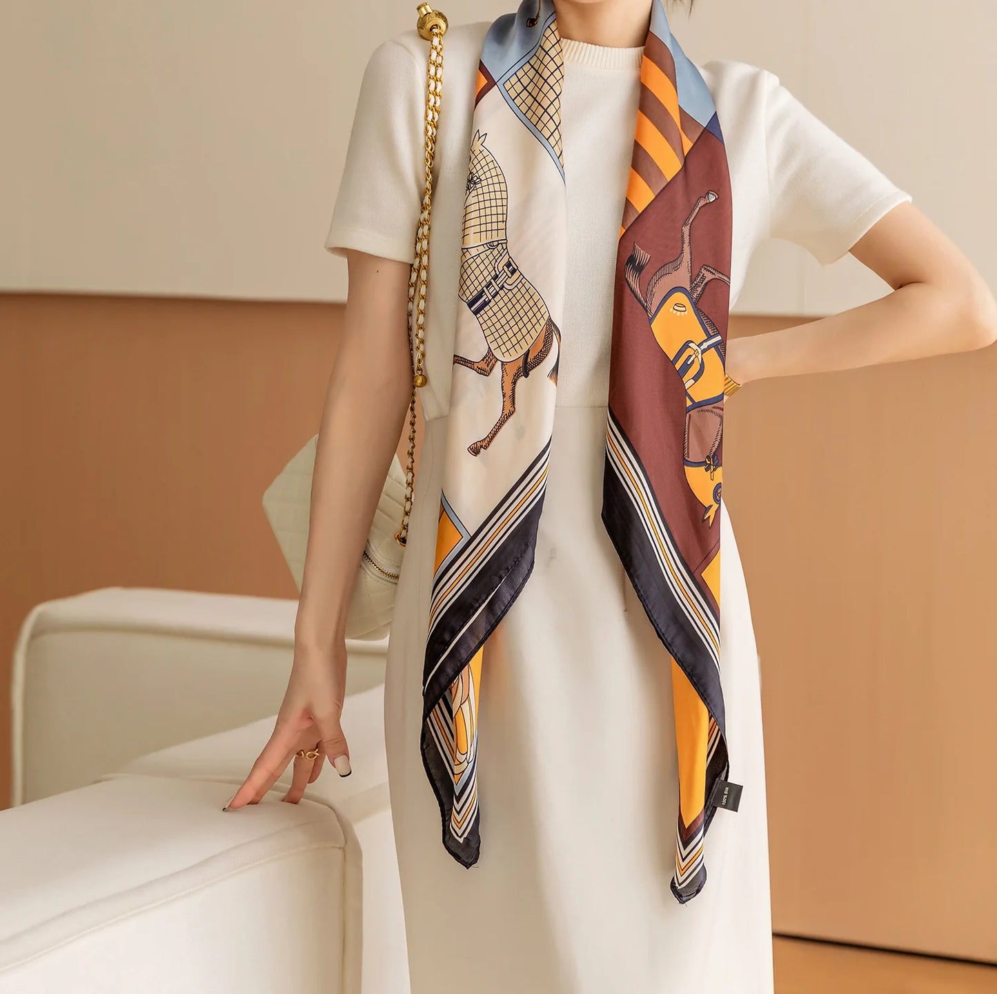 HYKMAIYW Luxury Horse Print Square Scarf Imitation Silk Shawl