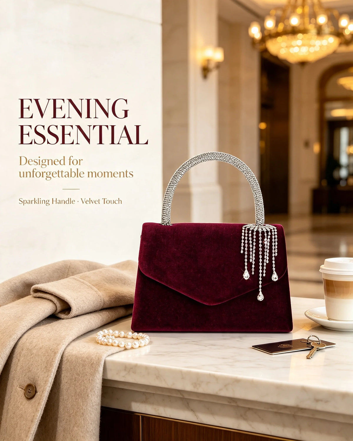 Women Velvet Envelope Clutch Featuring Rhinestone Chain Accent