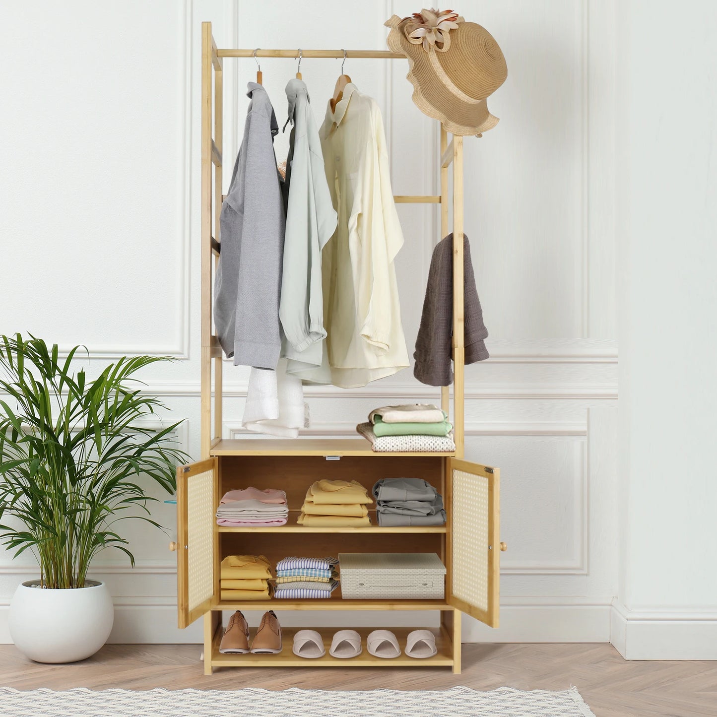 Bamboo Garment Rack With Hanging Rod And Shoe Shelves