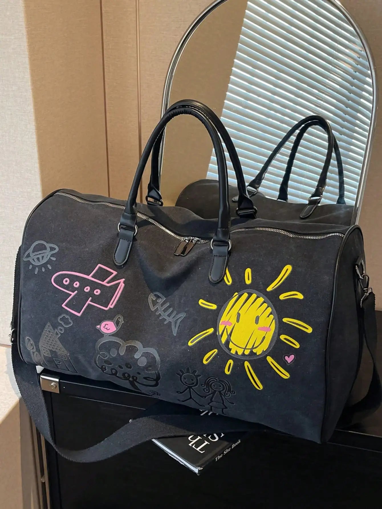 Cartoon Graffiti Travel Backpack With Zipper Shoulder Crossbody
