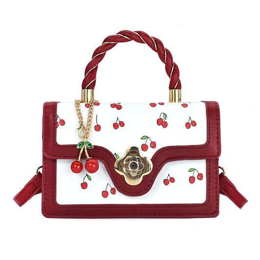 Cherry Print Crossbody Bag PU Leather Satchel With Removable Strap