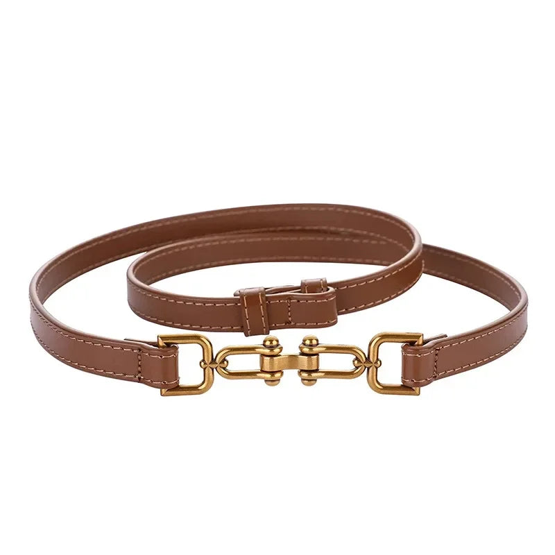 Womens Adjustable Thin Leather Belt With Decorative Buckle