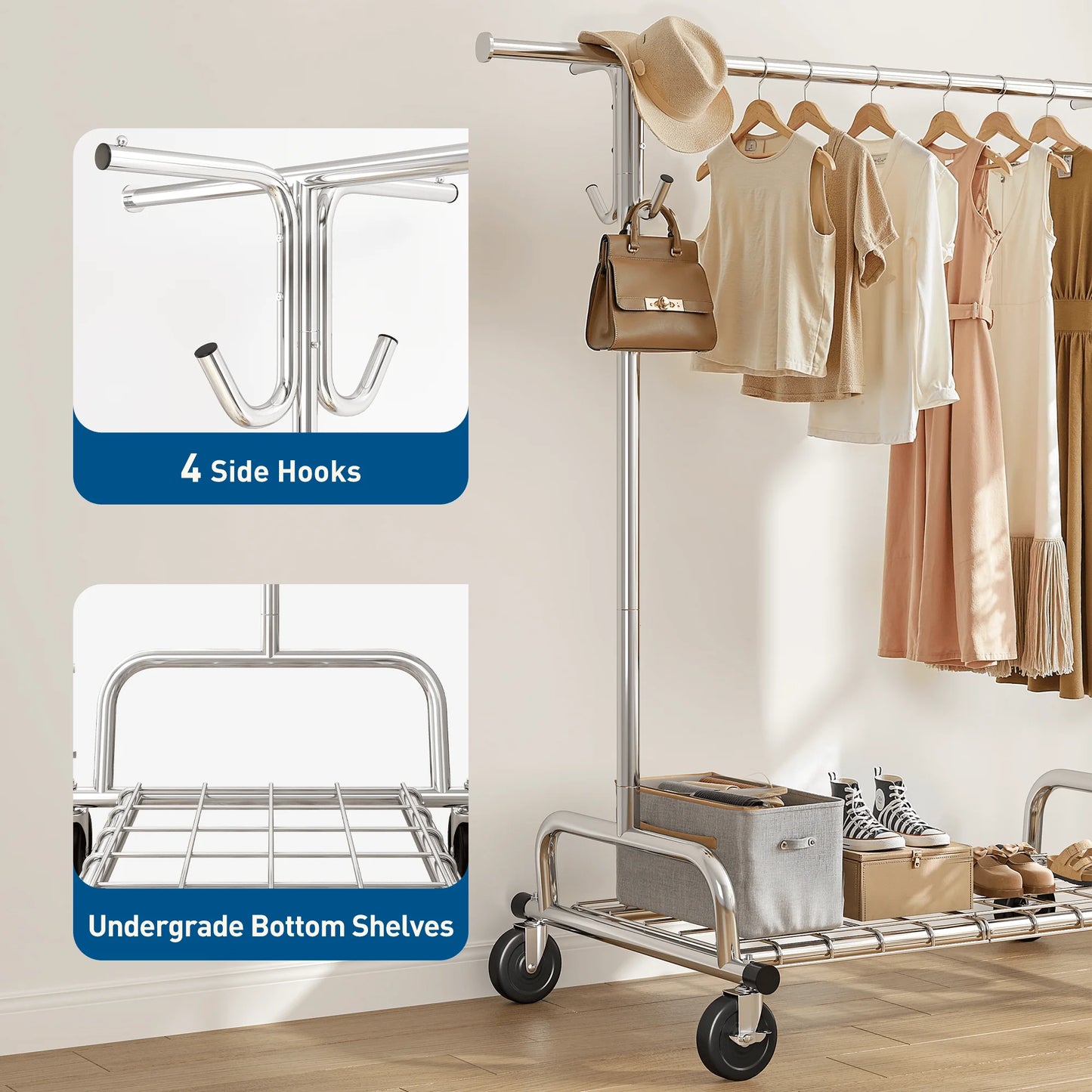 EnHomee Heavy Duty Garment Stand With Braked Casters Mesh Shelf