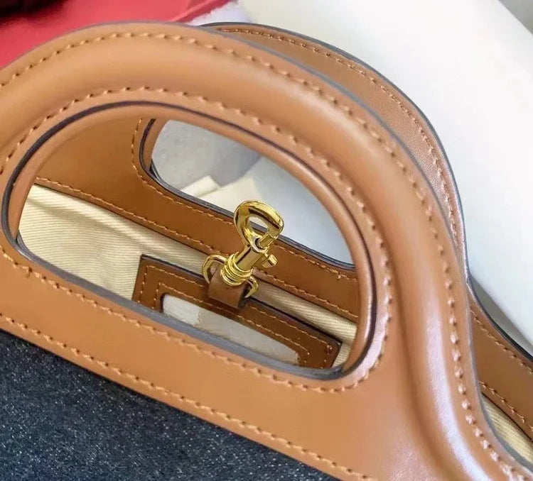 Denim Leather Tote Bag with Embroidery and Detachable Strap
